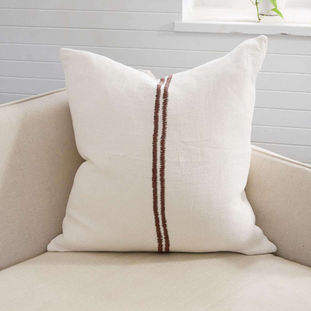 Orion Linen Cushion in Off White & Chocolate